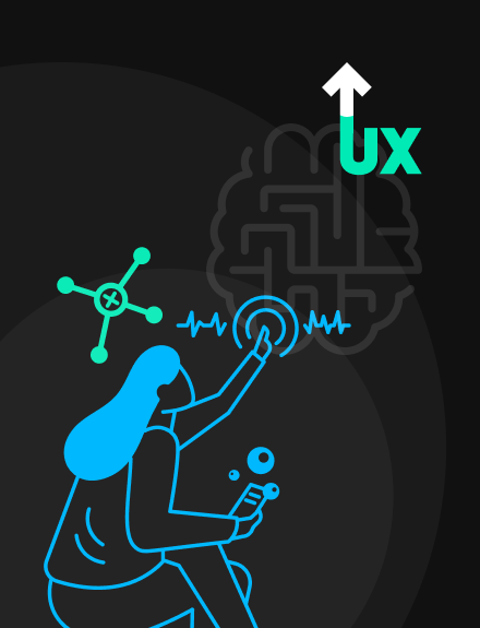 Illustration of a person interacting with digital interfaces – symbolizing the connection between UX, Interaction Design, and cognitive processes.